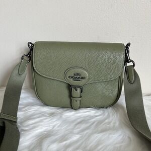 Coach Amelia Saddle Bag Green Pebbled Leather Crossbody C3241 Olive Gunmetal